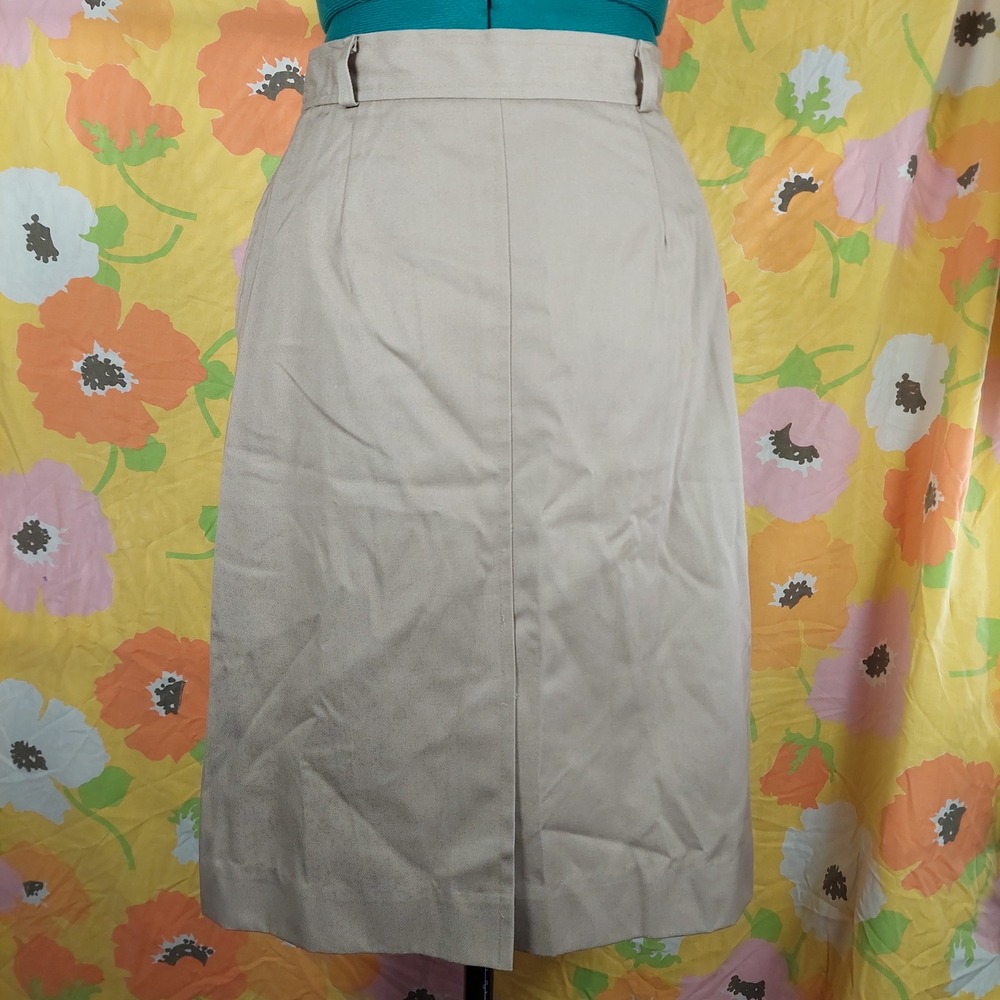 Vintage 70s Tan A-Line Skirt Khaki Below Knee Pockets Size 10
